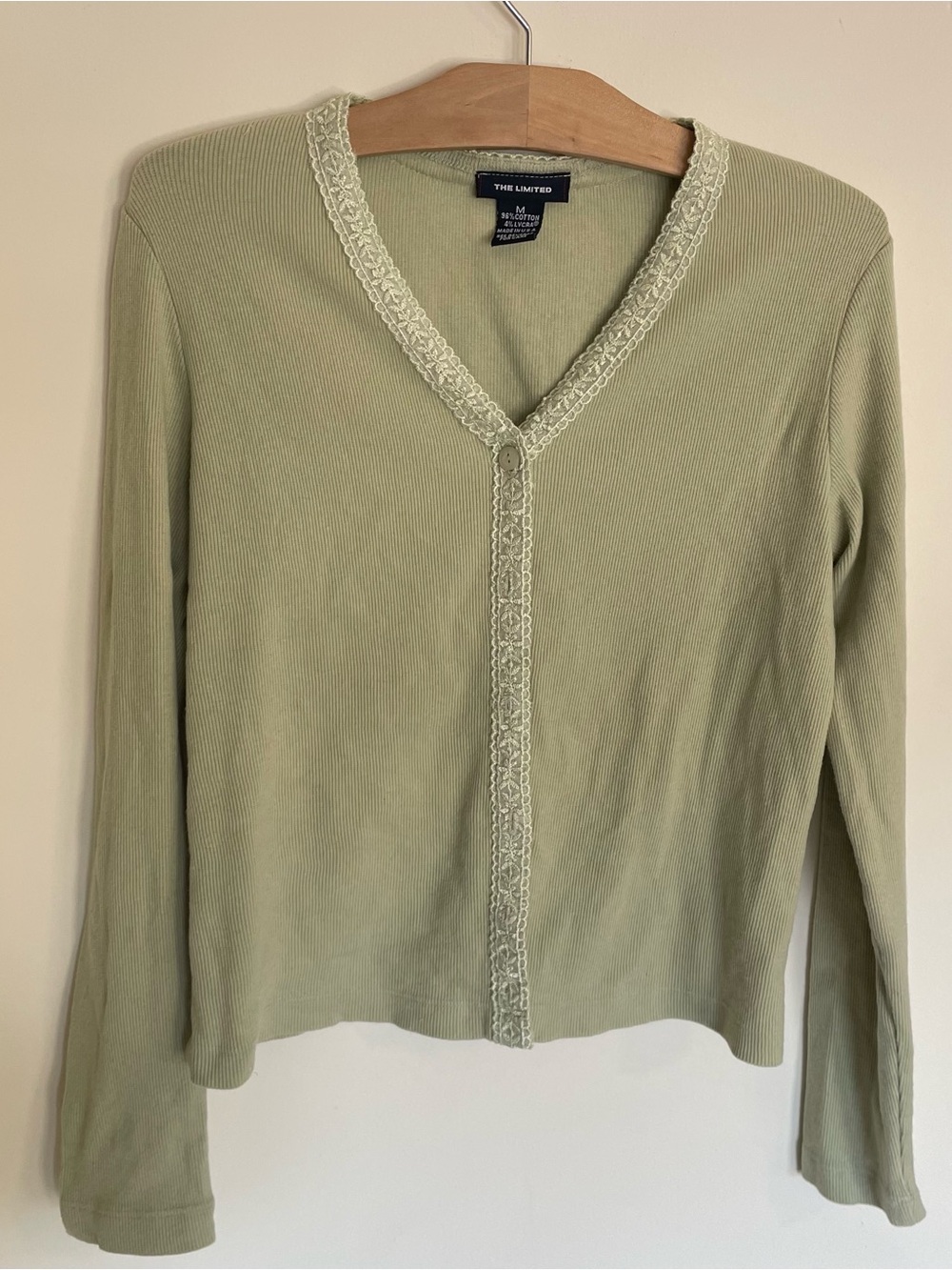 The Limited Women's Light Sage Ribbed V-Neck Cardigan with Lace Trim